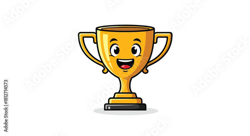 Charming cartoon golden trophy cup illustration radiating joy and success, perfect for celebrating victory, achievement, and championship awards in various competitive fields