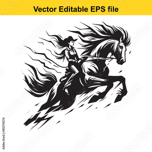 Wild cowgirl riding rearing horse black silhouette