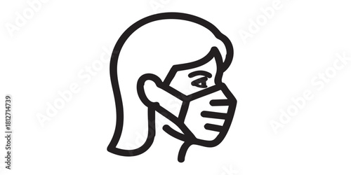 Woman head with antibacterial mask line icon, safety workwear concept. Vector graphics. Girl face with disposable mask sign on white background, style icon mobile or web design