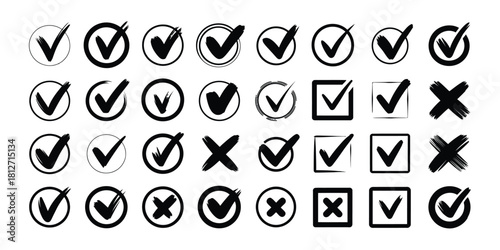 A collection of various check mark and x mark symbols in black ink on a white background arrayed in rows