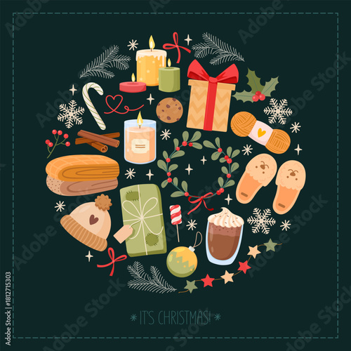 Vector illustration of Christmas holiday symbols includes burning candles, wrapped gifts, floral wreath, fluffy slippers, berries, candy cane, cookie, Cinnamon sticks, warm blanket, knitted hat, etc.