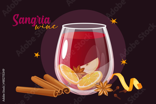 Vector illustration of a glass of red sangria wine filled with fruits, cinnamon sticks, star anise, citrus zest, and cloves on a dark purple background, perfect for cocktail menus, festive designs