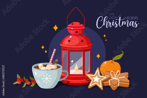 Cartoon llustration depicts a festive Christmas scene on a white background with lettering, red lantern, cocoa mug, red winter berries, red ribbon, orange citrus, gingerbread cookies and sparkles