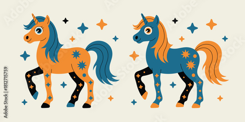 Two stylized unicorns with stars on a cream background in blue and orange color scheme illustration