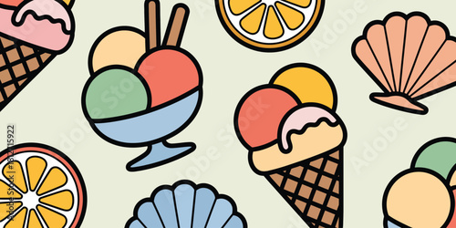 A pastel background with ice cream cones, a sundae, orange slices, and seashells in a pattern design