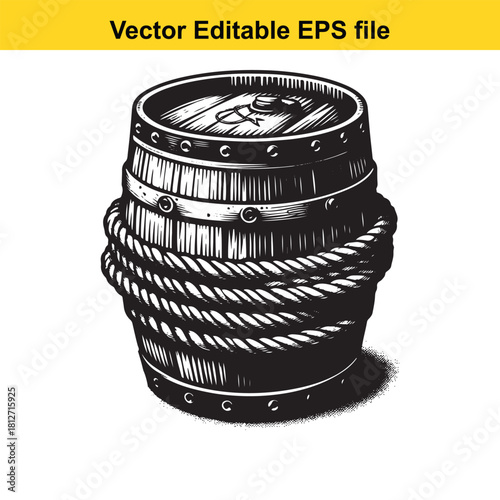 Vintage wooden barrel wrapped with thick rope