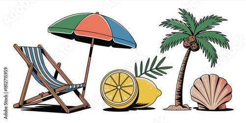 A cartoon illustration of a beach scene with a chair umbrella palm tree lemons and a seashell isolated