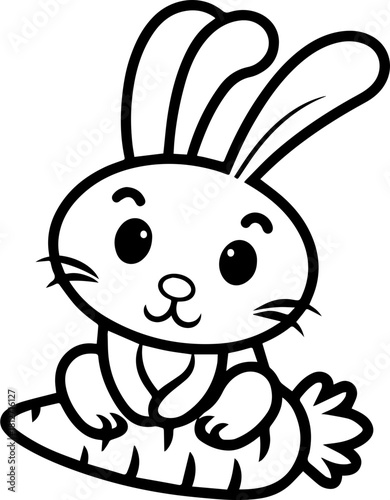 SVG vector illustration of a bunny holding a carrot.Cute cartoon rabbit holding a carrot in black outline