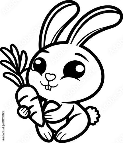 SVG vector illustration of a bunny holding a carrot.Cute Cartoon Bunny Holding a Carrot Sketch Outline