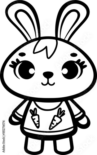 SVG vector illustration of a bunny holding a carrot.Cute Bunny Gardening in Black and White Style