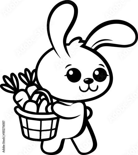SVG vector illustration of a bunny holding a carrot.Cute Cartoon Bunny Holding a Carrot in Black and White