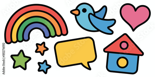 A cartoon image with a rainbow, bird, heart, house, stars, and a speech bubble on a white background