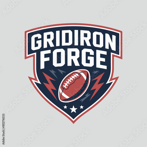 American football shield logo with ball and lightning bolt, bold red white blue crest badge illustration for team branding and gridiron sports identity