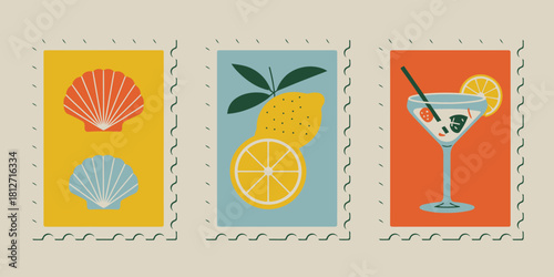 Three postage stamps with a seashell lemon and cocktail illustration in a minimalist style design