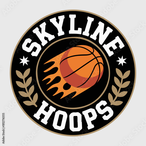 Basketball logo with laurel wreath and fast ball, circular Skyline Hoops team emblem, vintage sports badge vector illustration for league branding