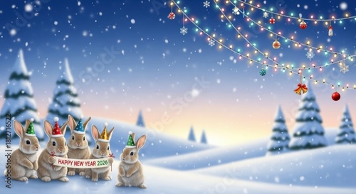 Adorable fluffy rabbits celebrating Happy New Year 2026 in snow