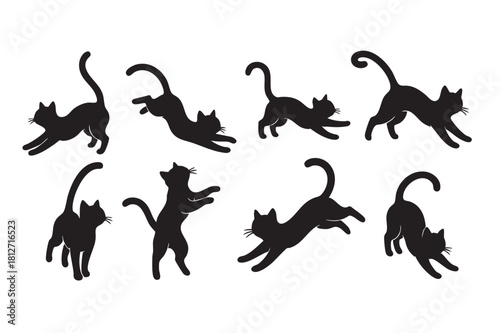 Dynamic Black Cat Silhouettes Collection Jumping, Running and Playful Feline Poses for Crafts and Design.