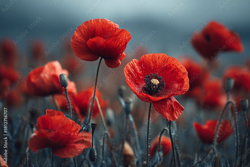 Obraz premium Blooming red poppies in a serene field during early morning light create a vibrant landscape
