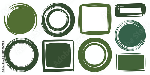 A collection of green brush stroke shapes including circles squares and rectangles on a white background