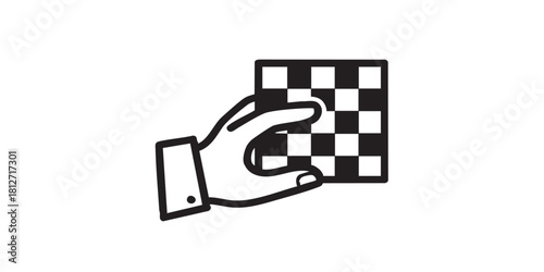 Chessboard in hand line icon, chess game concept. Vector graphics. Gaming sign on white background, style icon mobile or web design.
