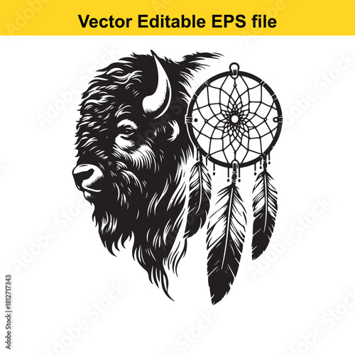 Bison head silhouette with dreamcatcher vector art