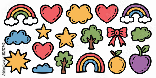 Collection of colorful cartoon style drawings including rainbows hearts stars and other cute elements