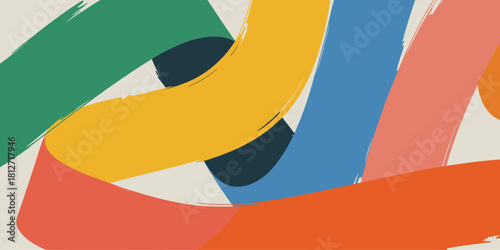 Abstract painting with green yellow blue red and orange brush strokes on a beige background art design