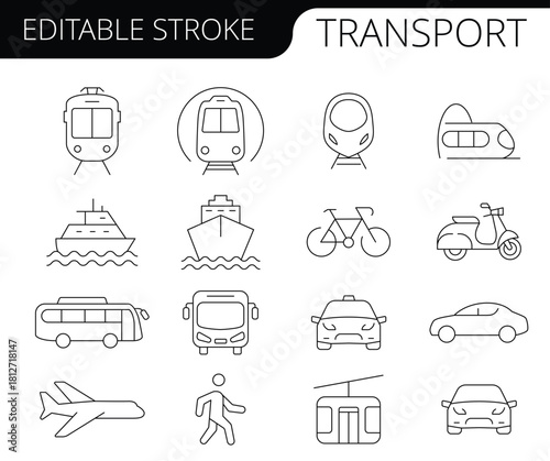 Transport and Travel Line Icons Set (Editable Stroke)