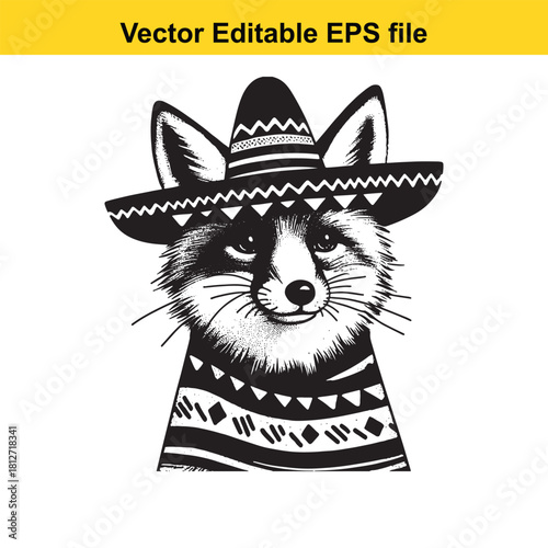 Fox wearing a sombrero and traditional mexican poncho