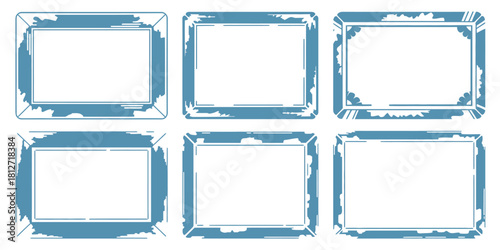 A collection of six blue rectangular frames with distressed edges on a white background in a grid layout