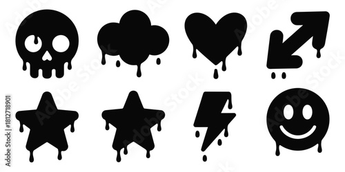 Black dripping icons including a skull heart cloud star lightning bolt arrow and smiley face on white