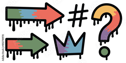 Colorful graffiti style illustrations of arrows hashtag crown and question mark with paint drips effect