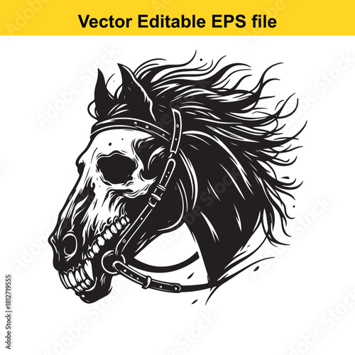 Black and white horse skull head with bridle vector
