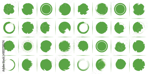 A collection of thirty five green circle brush stroke design elements on a white background pattern