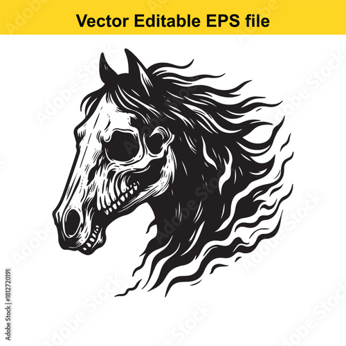 Black and white vector illustration of a horse skull