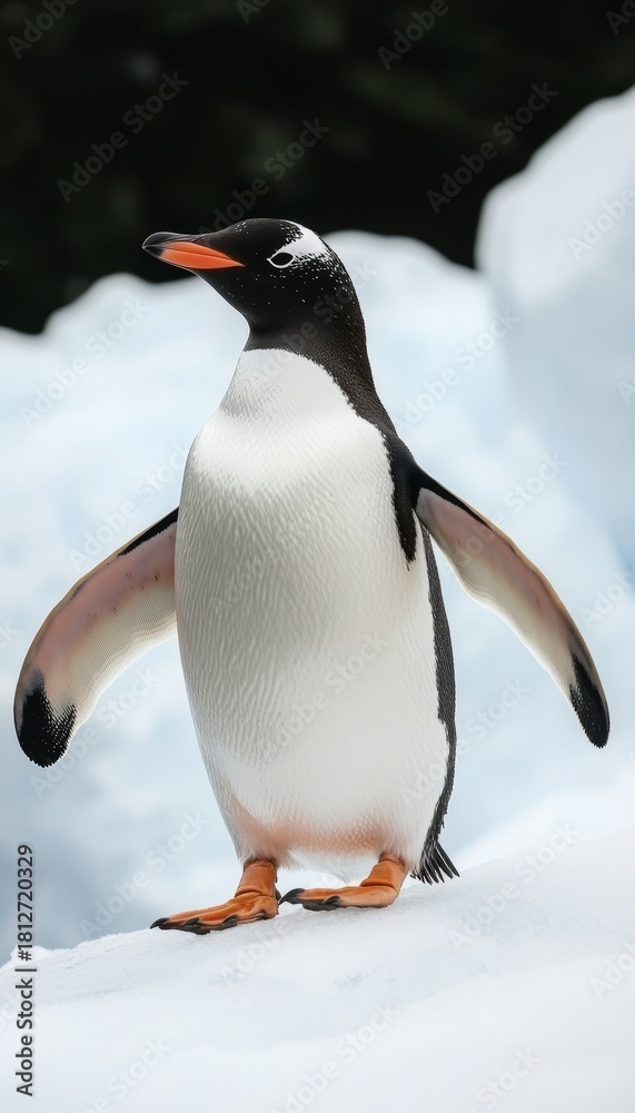 Obraz premium Gentoo Penguin Prancing on Ice in a Snowy Wonderland, Embracing the Spirit of Winter Adventures