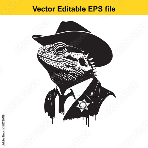 Lizard wearing cowboy hat and sheriff badge isolated on