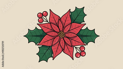 A poinsettia flower with green holly leaves and red berries on a light cream colored background design art