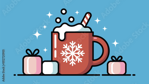 A festive illustration of a mug with hot chocolate, gifts and sparkles on a blue background