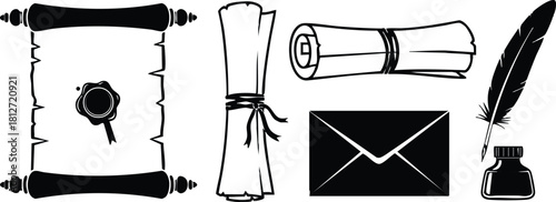 Vintage scroll scrolls envelope ink pen feather quill inkpot classic writing tools vector illustration