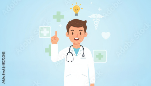 Doctor, medicine, healthcare concept. Young smiling man doctor therapist in white uniform cartoon character standing and showing having idea with finger. Medicare, therapist, pharmacist illustration