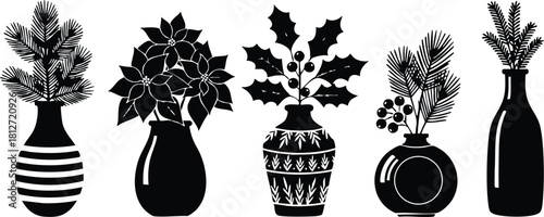 Black and white silhouette of six different vases with plants and flowers vector illustration