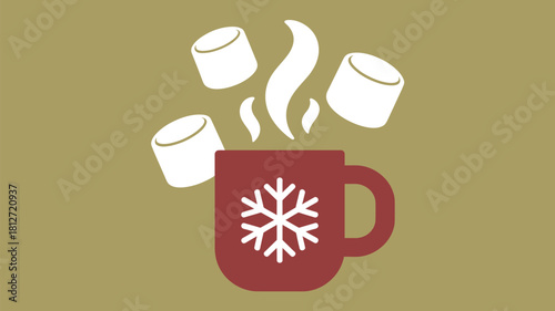 A red mug with a snowflake and marshmallows on a beige background in a simple vector illustration