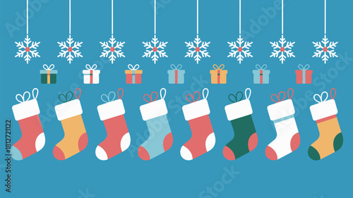 Illustration of christmas stockings and gifts hanging with snowflake decorations on blue background