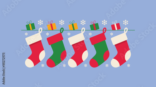 Five christmas stockings hanging with gifts and snowflakes on a light blue background holiday image
