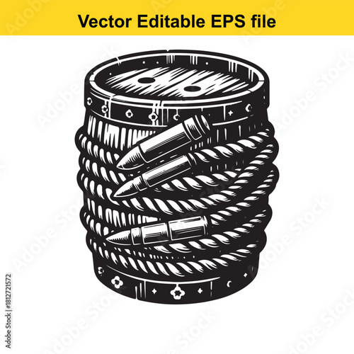 Black and white illustration of wooden barrel with rope