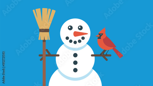 A snowman with a broom and a cardinal bird perched on its arm against a blue background flat style