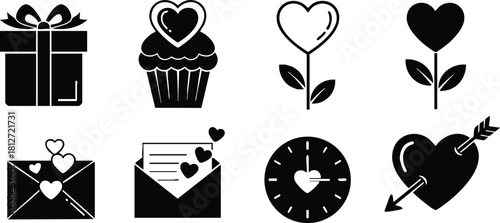 Valentine icons set with gift cupcake flower envelope clock and heart arrow vector illustration