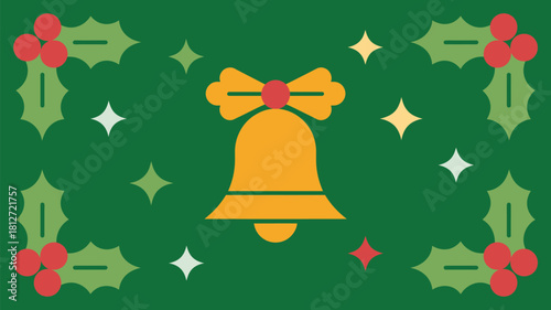A christmas themed background with a golden bell holly and stars on a green colored background design