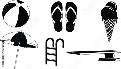 Summer beach items ball umbrella flip flops ice cream pool ladder diving board vector illustration
